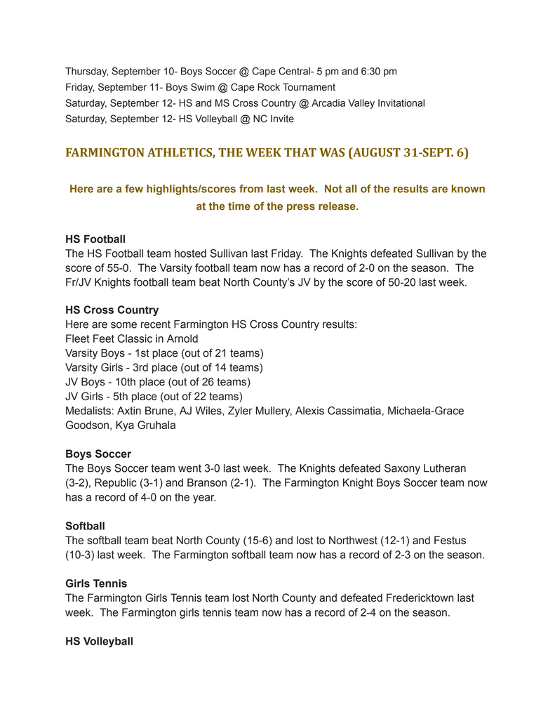 Weekly sports report. Highlights include varsity football, cross country, soccer, softball, tennis, and volleyball.