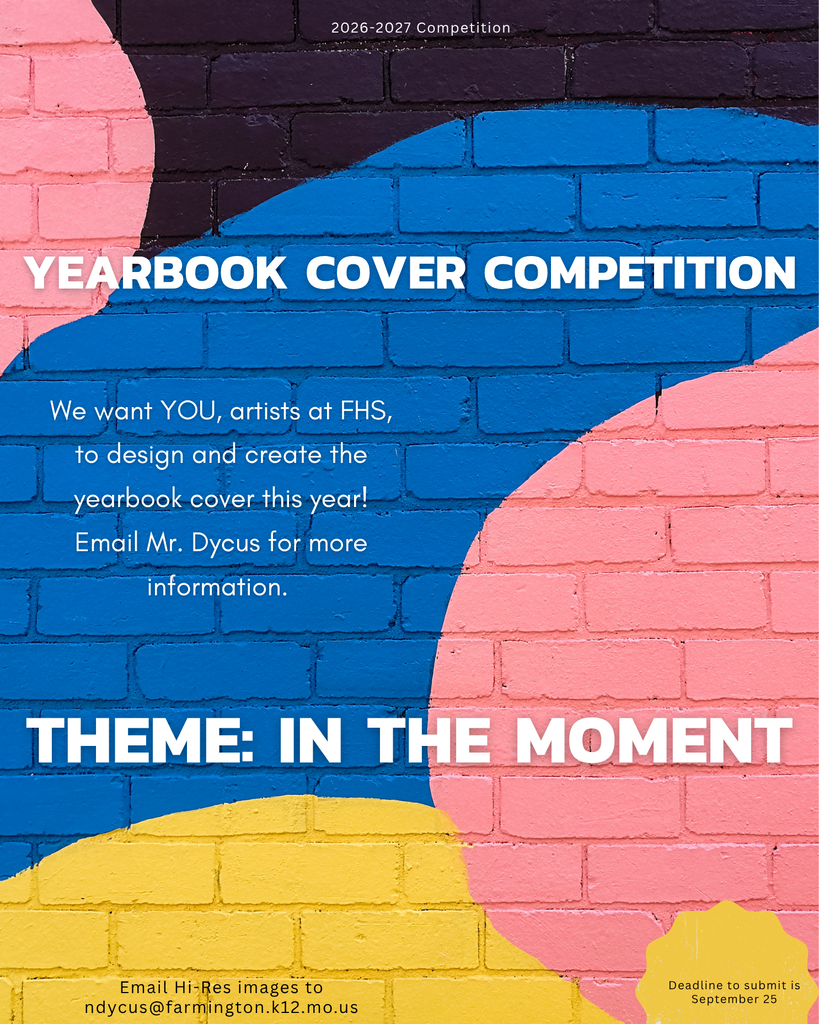 A vibrant, multicolored brick wall with "YEARBOOK COVER COMPETITION" and "THEME: IN THE MOMENT" in white text.