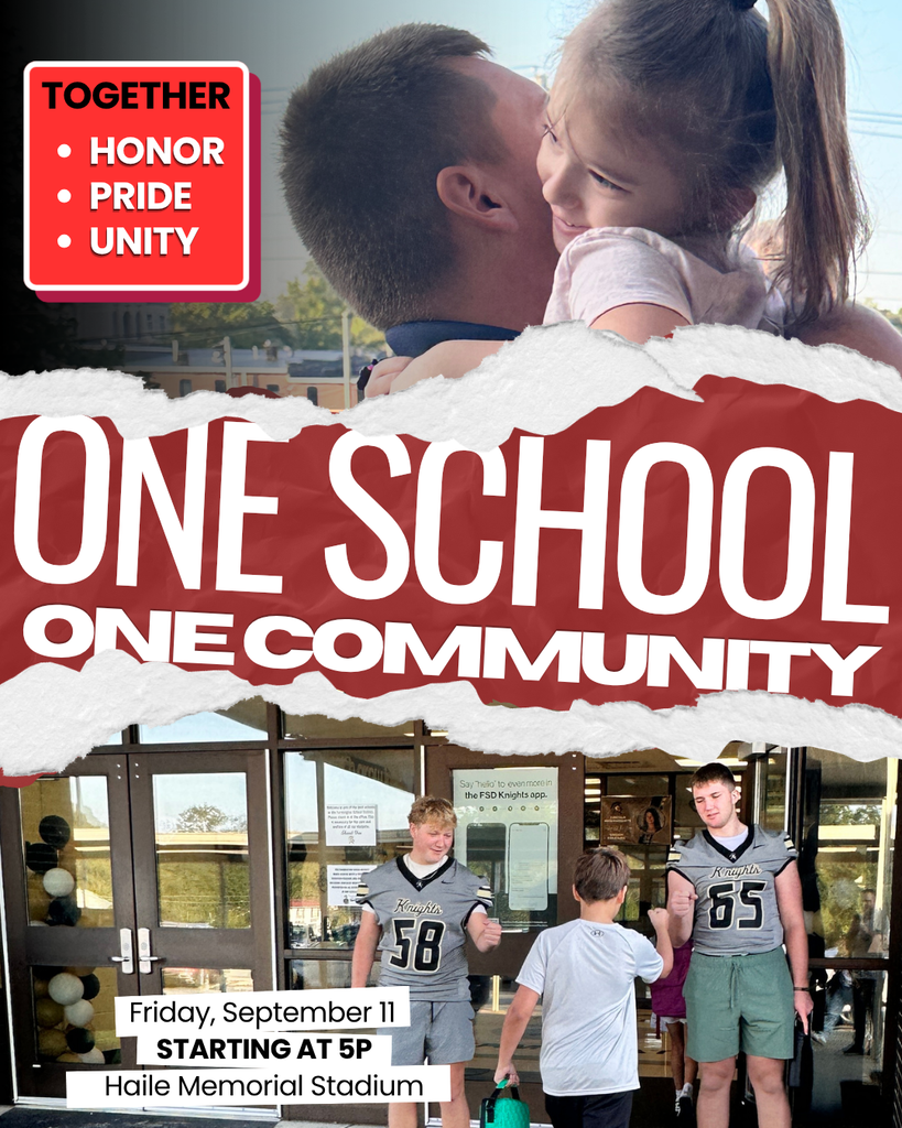 A poster promoting "One School, One Community" with adults and children entering a building.