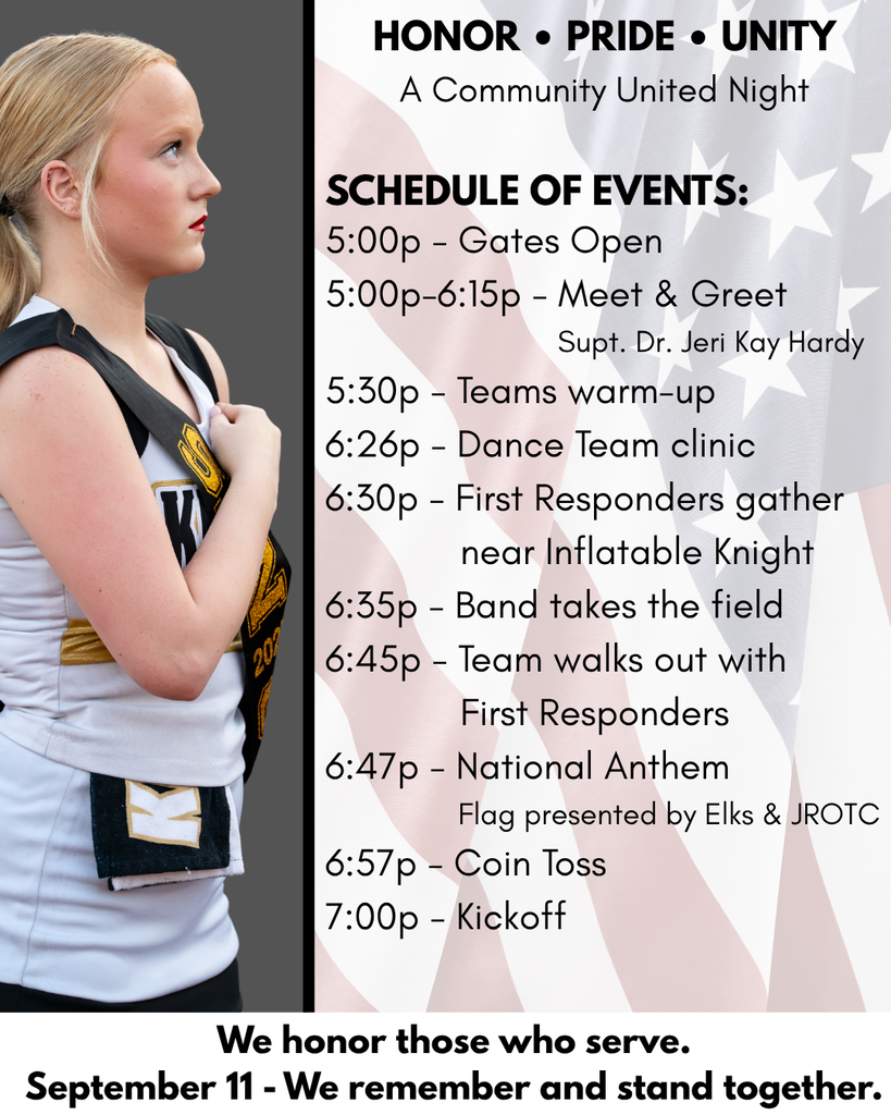 A flyer shows a woman with blond hair, white jersey, and a backpack. Events include Gates Open, Teams warm-up, Dance Team clinic, and more.