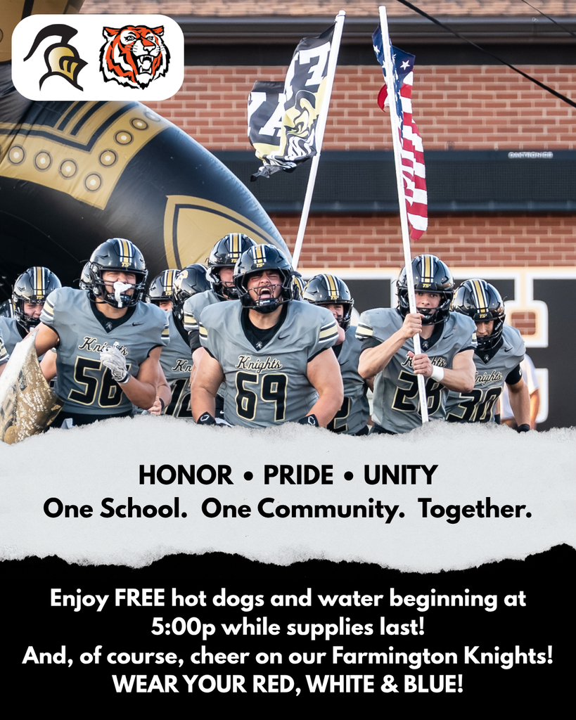 Players with helmets stand behind a sign with an American flag and a team flag. "Honor. Pride. Unity. One School. One Community. Together."