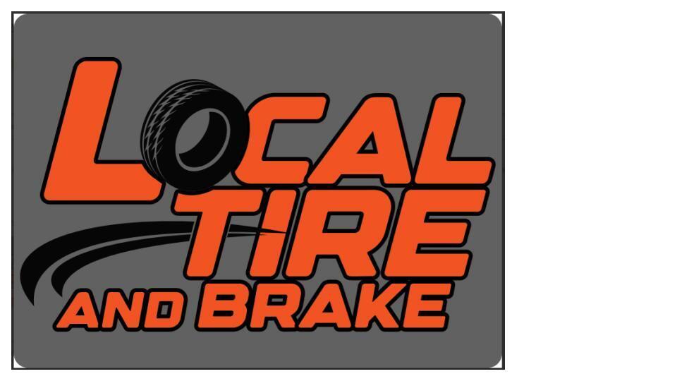 Logo for Local Tire and Brake, featuring a stylized black tire with an orange rim, set against a gray background.