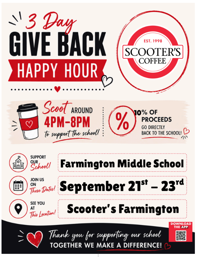 Details include Scooters 3 Day Give Back: Sept 21-23rd 4PM-8PM, 10% proceeds for Farmington Middle School.