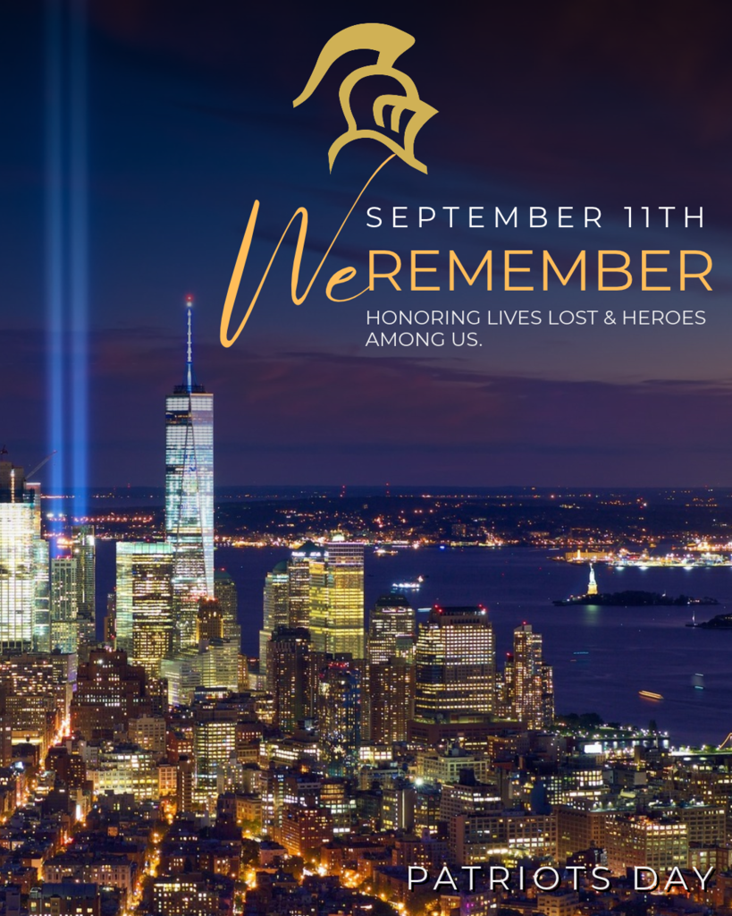 City skyline at night with two beams of light, a logo, and text reading "We Remember" and "Patriots Day".