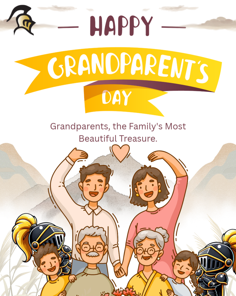 Banner reads "Happy Grandparents' Day." It shows a happy family of five generations, smiling at the camera.