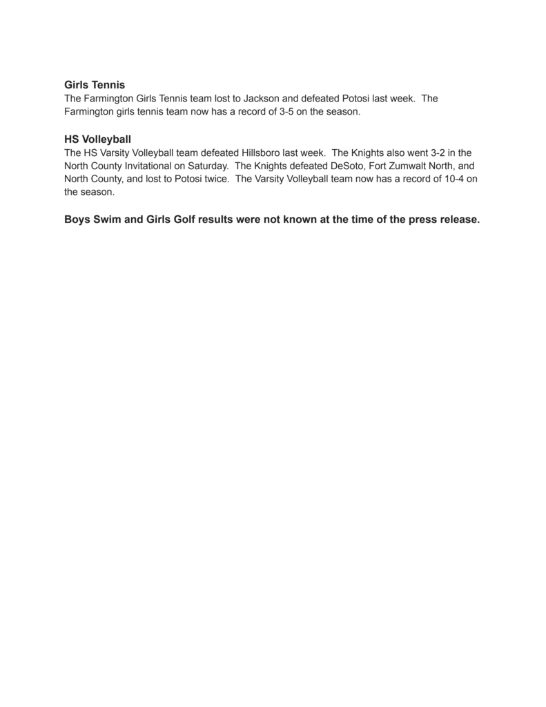 Farmington Athletic Dept. Weekly Press Release- Sept. 14