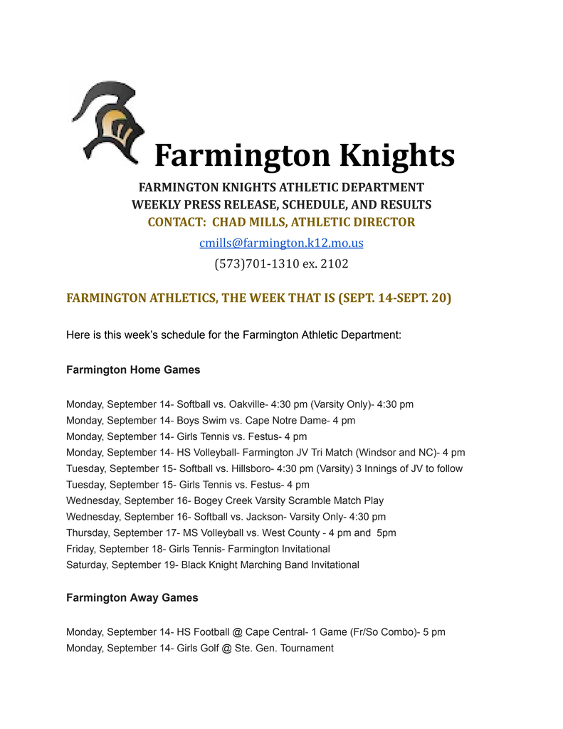 Document featuring Farmington Knights logo at top, bold title, schedule list for Farmington Athletics, and contact info at bottom.