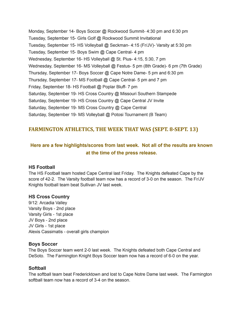 Document displaying sports schedule for the week of September 8-13. Highlights include Knights soccer defeating Cape Central, football defeating Cape and Knights soccer.