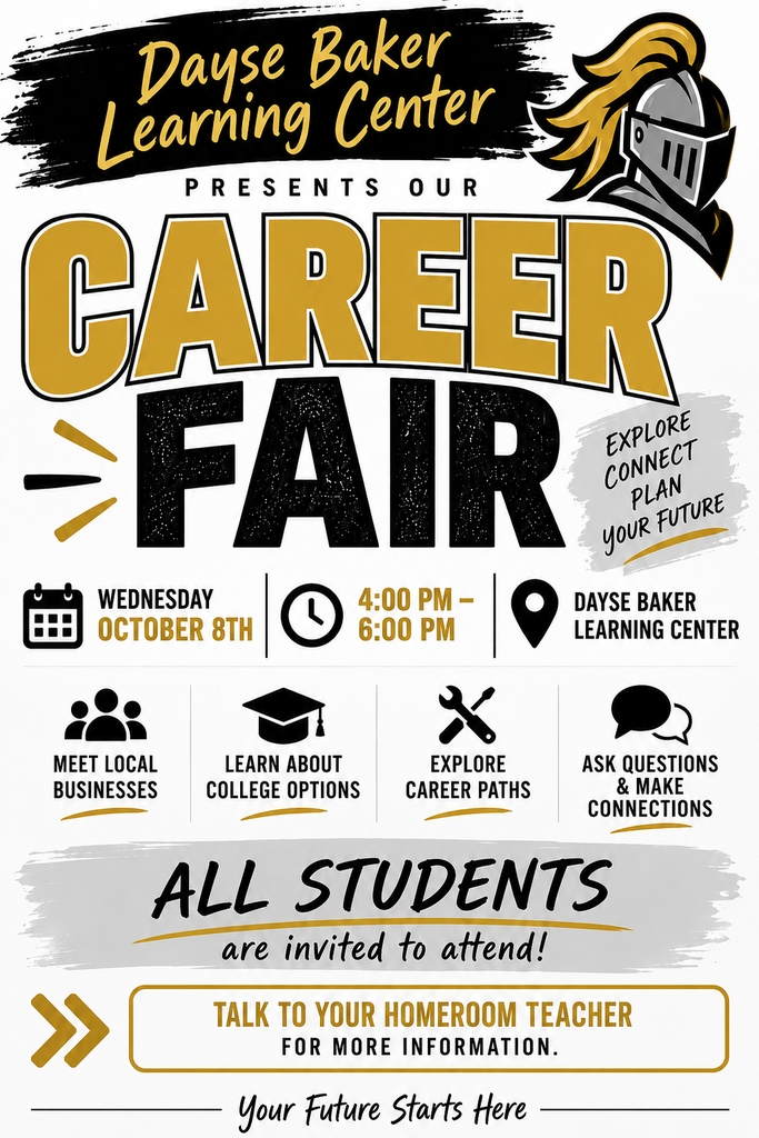 A poster invites students to a career fair. It includes details like time, location, and activities. A knight's helmet graphic is on the top right.