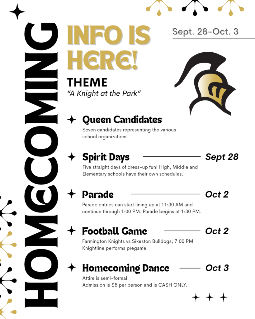 A poster announces an upcoming high school homecoming event. It includes the date, event schedule, and the theme "A Knight at the Park."