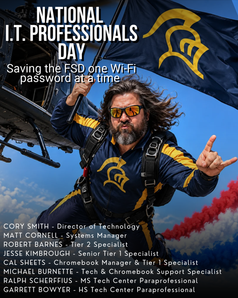 Man skydiving with flag over helicopter. Names and titles of IT professionals below. "National I.T. Professionals Day" at top.