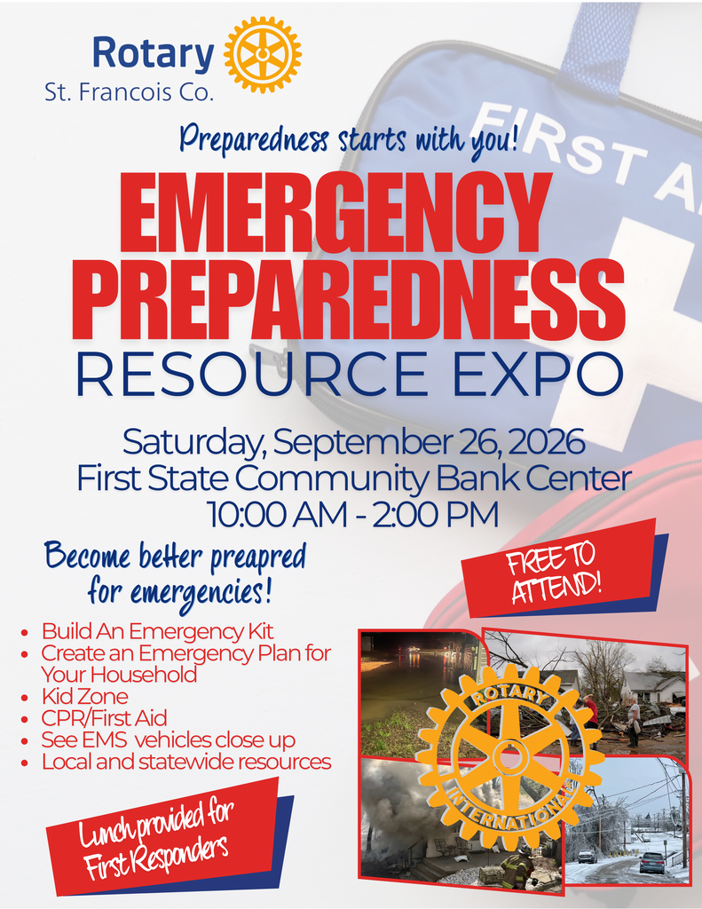 Flyer for an emergency preparedness resource expo. Date: September 26, 2026. Location: First State Community Bank Center. Features: Build an emergency kit, create an emergency plan, CPR first aid, and more.