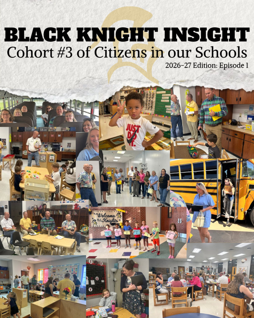 Multiple photos show adults and children in classrooms and a school bus, with text overlays reading "Black Knight Insight Cohort #3 of Citizens in our Schools".