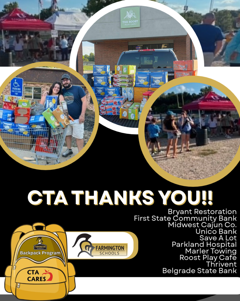 A poster shows people shopping, a truck, and a building. A backpack, building, and people are highlighted. Text reads "CTA THANKS YOU!!!" and includes names of banks and programs.