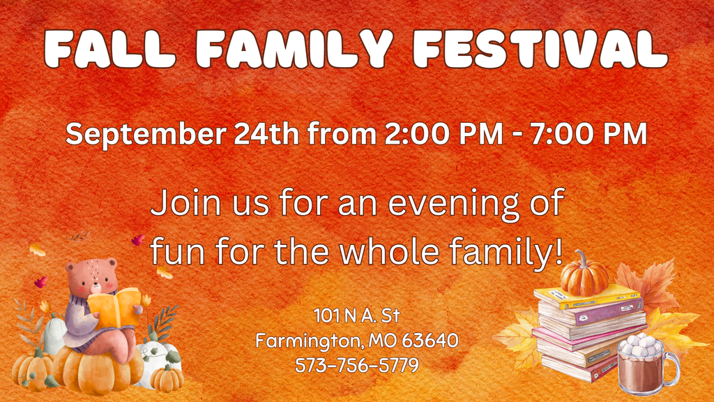 An orange poster advertises a family festival with a pumpkin, books, a teddy bear, and a mug.