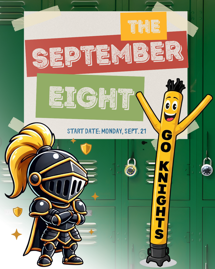 Cartoon knight with blond hair next to a locker. A balloon person stands next to the locker. "The September Eight" text at the top.