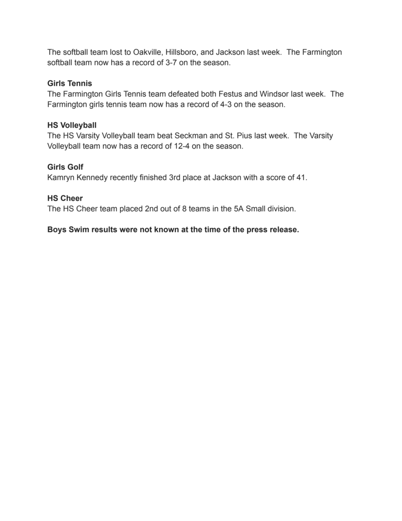 A document lists updates on various high school sports teams, including softball, tennis, volleyball, golf, cheer, and swimming.
