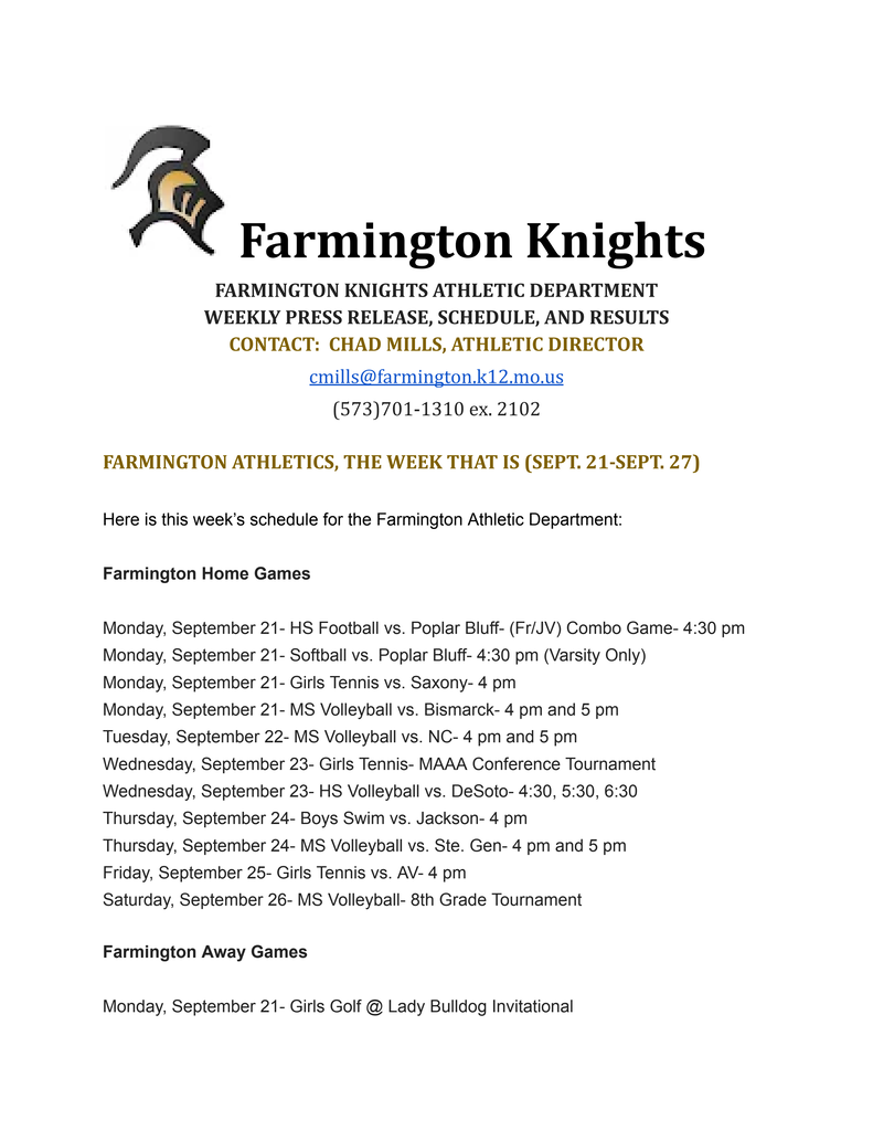 Farmington Athletic Dept. Weekly Press Release- Sept. 21