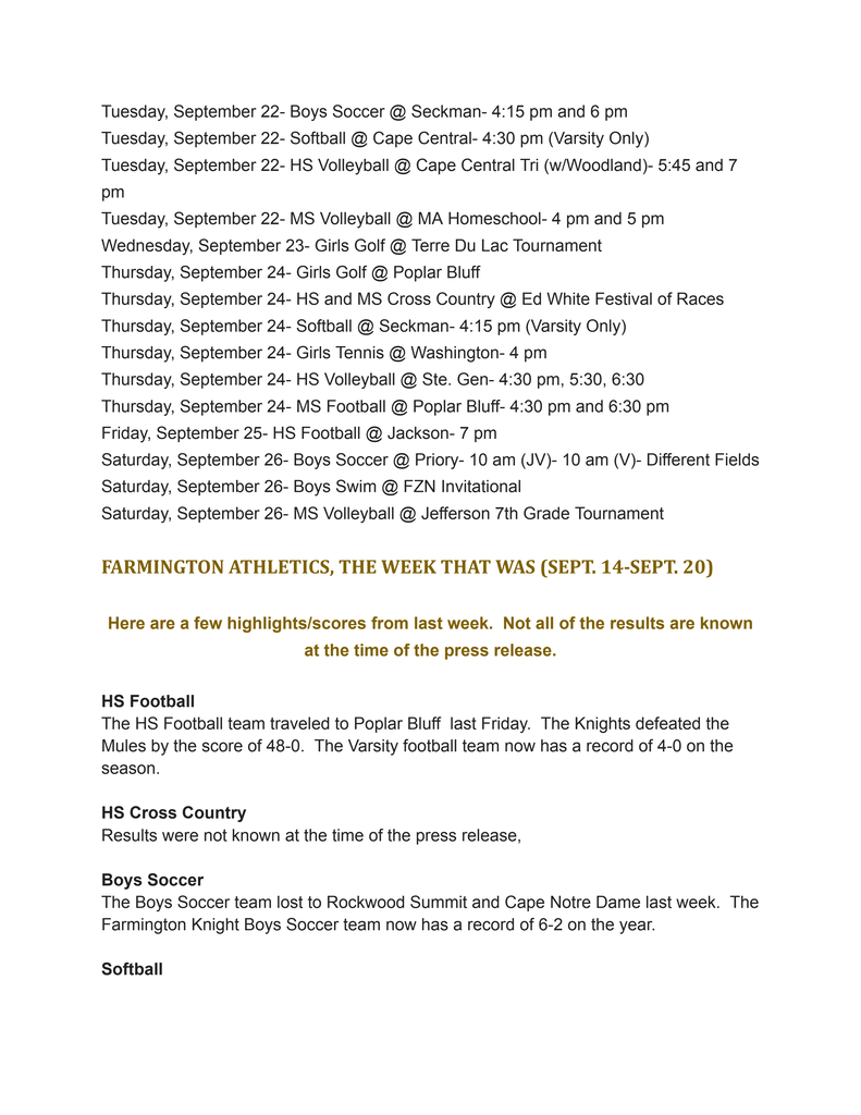 A document lists sports events for a week, including soccer, volleyball, and golf, with times and locations.