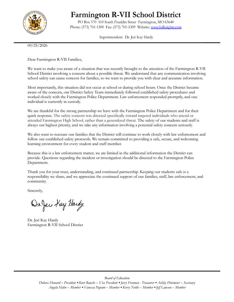 A letter from Farmington R-VII School District on official letterhead. It mentions safety concerns and the district's response.