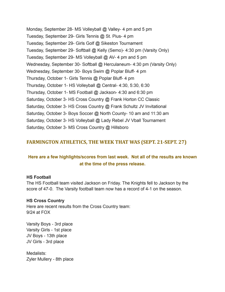 Document with black text on white background. It includes dates, times, and sports events. HS Football results and Cross Country scores are highlighted.