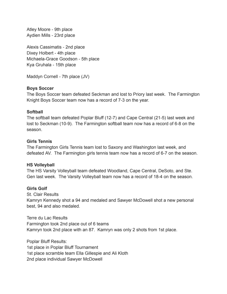 Document displaying results of various sports teams, including soccer, softball, girls tennis, volleyball, and golf. Includes rankings, scores, and names of teams and players.