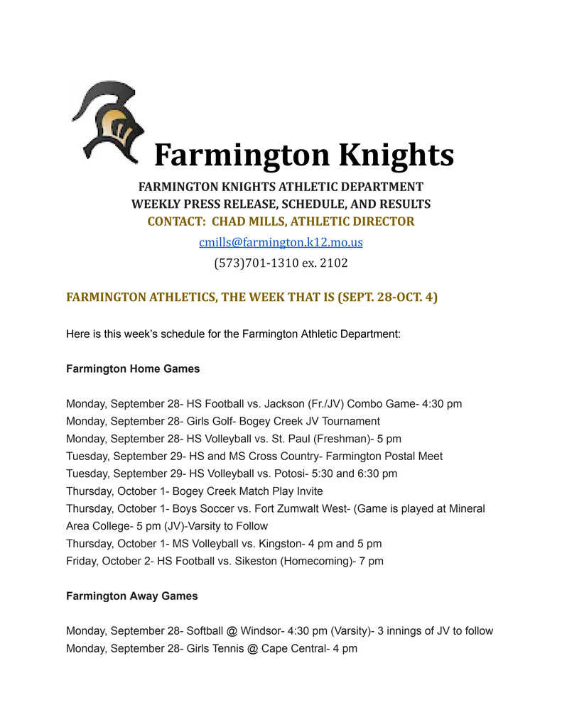 White page with a logo at the top. "Farmington Knights" is in bold letters. Schedules are listed for home and away games.