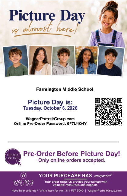 Picture Day is October 6th in the morning. See information for more details on purchase. Only online orders accepted