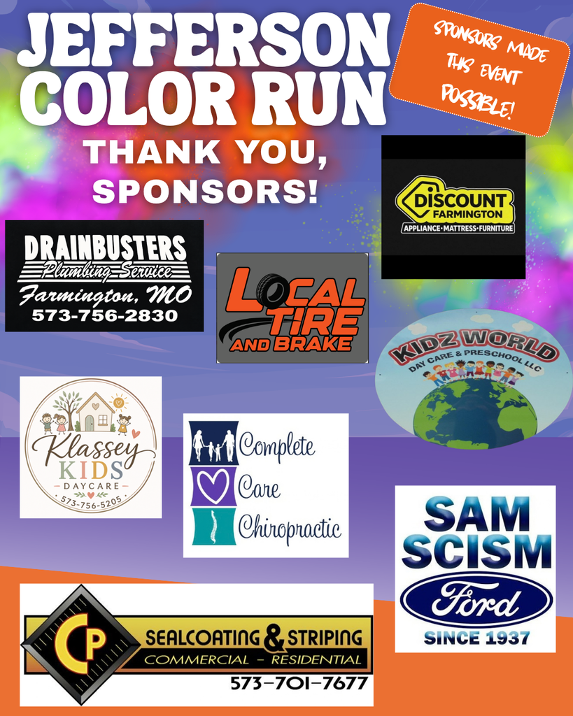 An advertisement for the Jefferson Color Run displays colorful logos for sponsors. Logos include Drainbusters, Local Tire and Brake, Sam Scism, and others.
