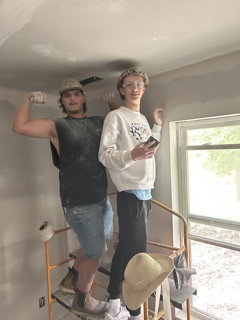 Two people standing inside a room. One is on a scaffolding, the other is on the ground. Both appear to be painting.