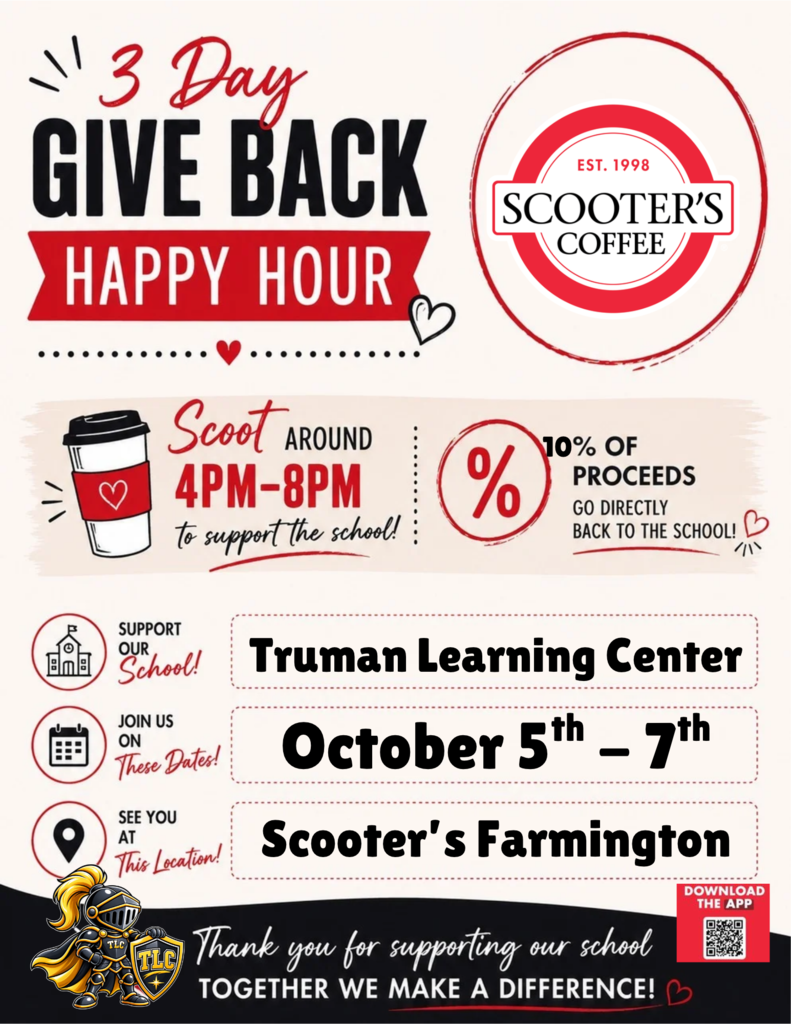 Event flyer for "3 Day Give Back Happy Hour" at Scooter's Coffee. Runs October 5-7, 4-8PM. 10% proceeds to Truman Learning Center.