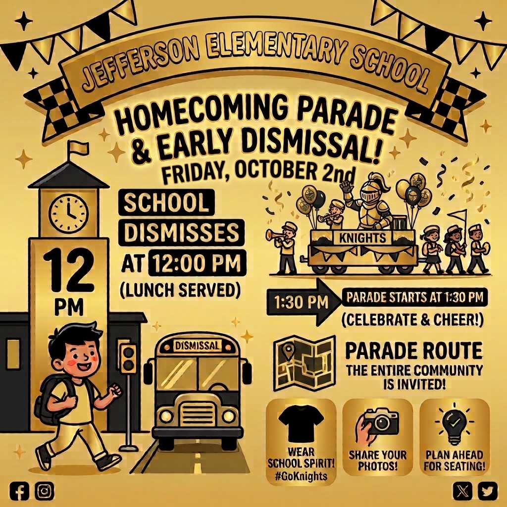 Flyer for Homecoming Parade & Early Dismissal at Jefferson Elementary on October 2. Parade starts at 1:30 PM.