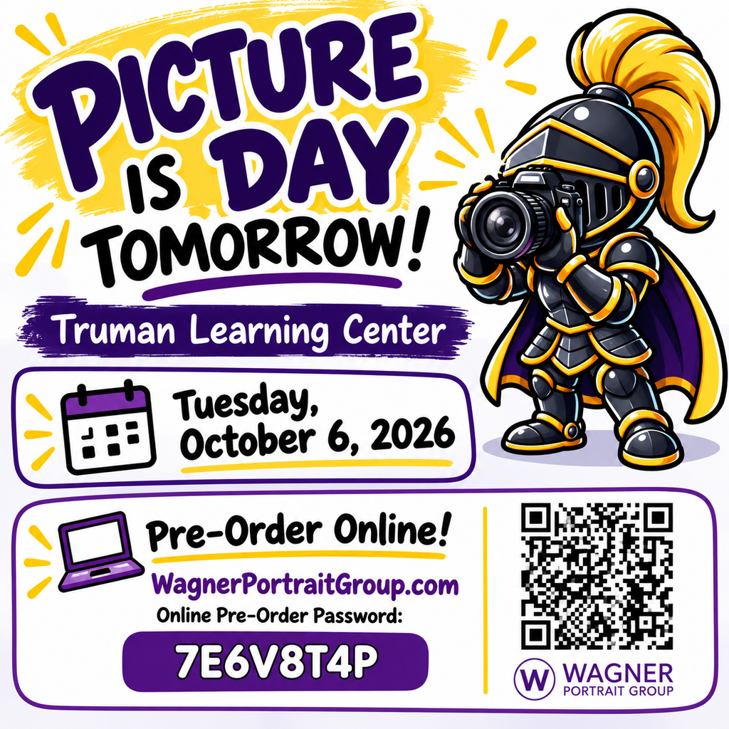 A flyer for Picture Day at Truman Learning Center on October 6, 2026. Features a knight mascot holding a camera and a QR code for online pre-order.