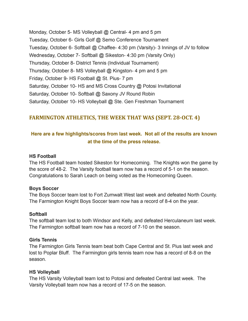 Document shows schedule and scores for Farmington Athletics for the week of September 28-October 4, including HS Football, Boys Soccer, Softball, Girls Tennis, and HS Volleyball.