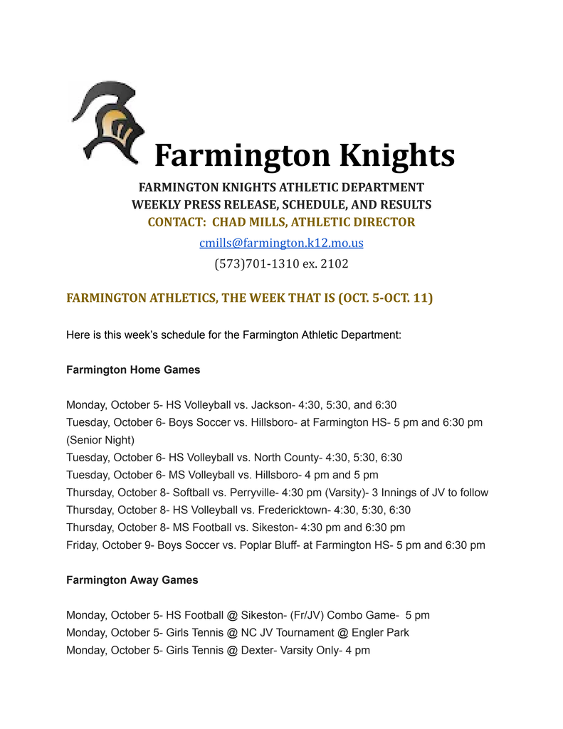 Weekly press release from Farmington Knights Athletic Department. Scheduled events for October 5-11. Sports include Boys and Girls Volleyball, Football, and Soccer.