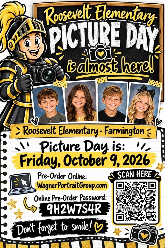 A poster for Roosevelt Elementary Picture Day on Friday, October 9, 2026. Features QR code, online pre-order link, and children's photos.