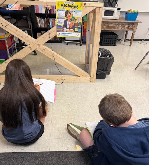students seated using posters to do character responses