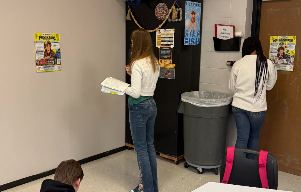 students using posters to do character responses for their novel