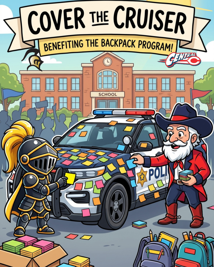 Cartoon police car with colorful sticky notes in front of school with people. Title reads "Cover the Cruiser".
