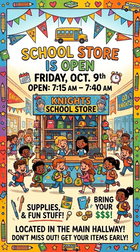 An illustration of children and a school store. The store is open on Friday, Oct. 9th from 7:15 AM to 7:40 AM.