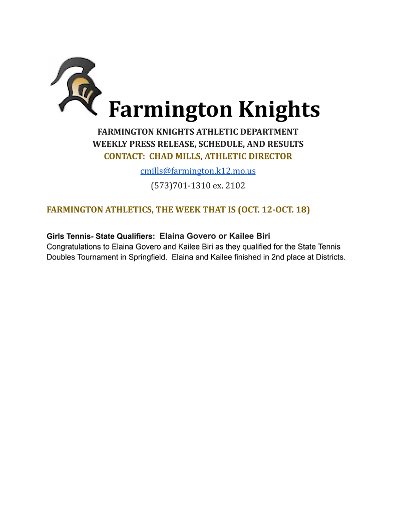 Farmington Athletic Dept. Press Release- Govero and Biri Qualify For State