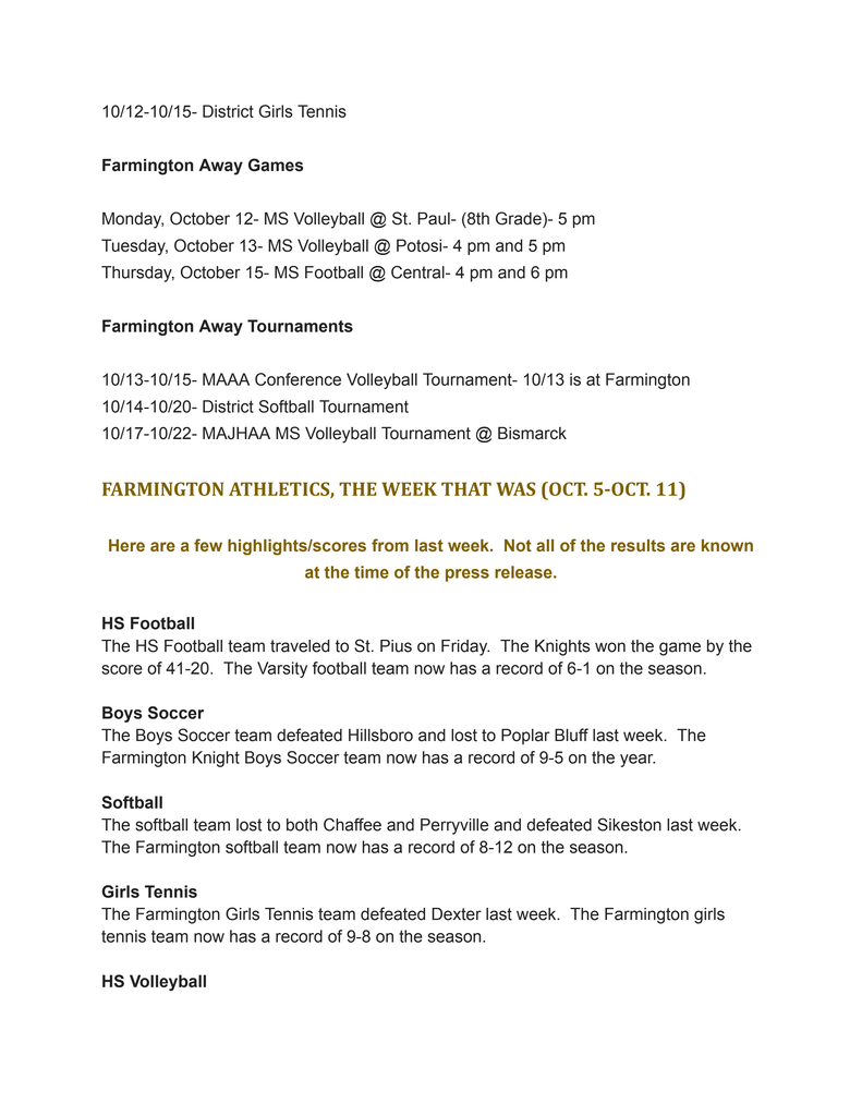Document with headings and dates for "Farmington Away Games" and "Farmington Away Tournaments" is shown. It includes details of various sports events from October 10th to October 13th.