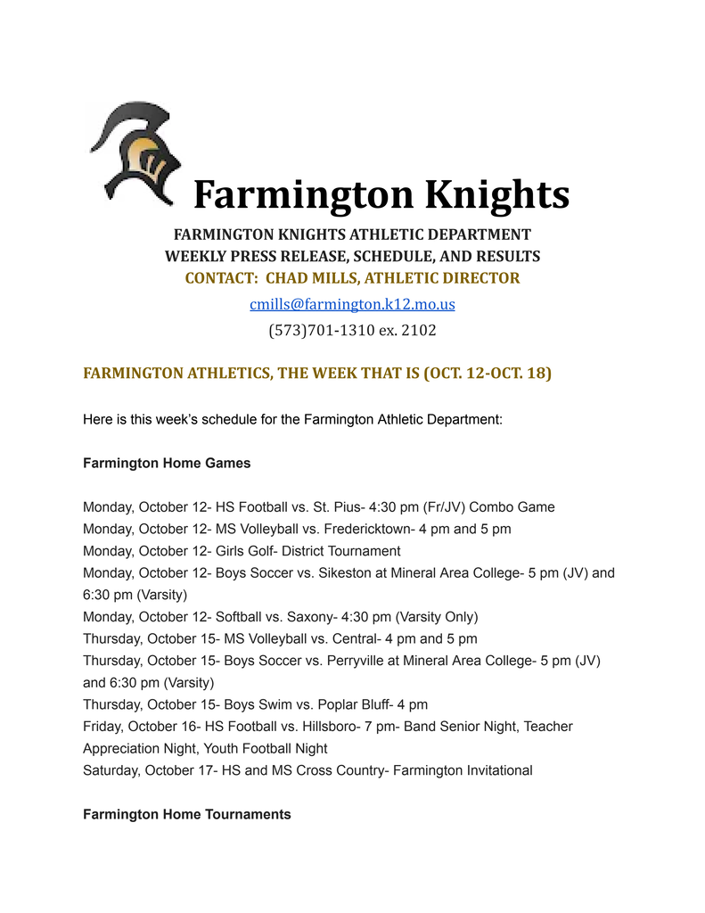 Farmington Athletic Dept. Weekly Press Release- Oct. 12