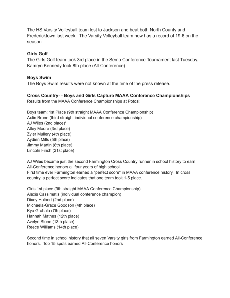 A page of a sports report. The report includes results from different sports including volleyball, golf, swimming, and cross country.
