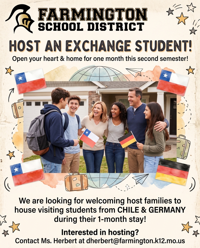 An ad for the Farmington School District invites families to host exchange students. Five people smile and hold flags from Germany and Chile.