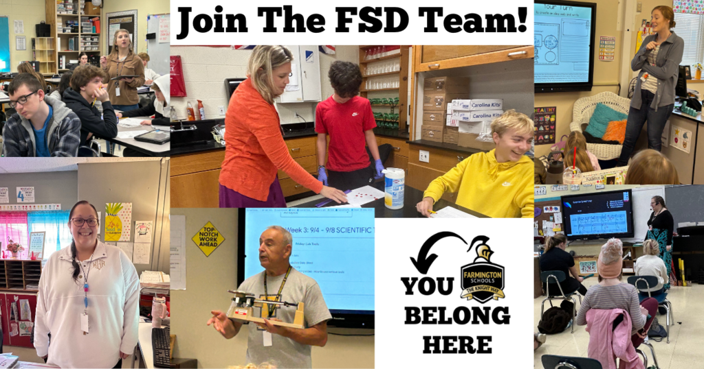 Join The FSD Team. Pictures of teachers instructing a their classes.