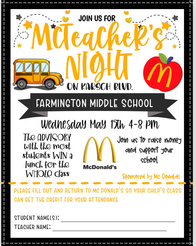 mcd's night for FMS May 15th 4-8pm