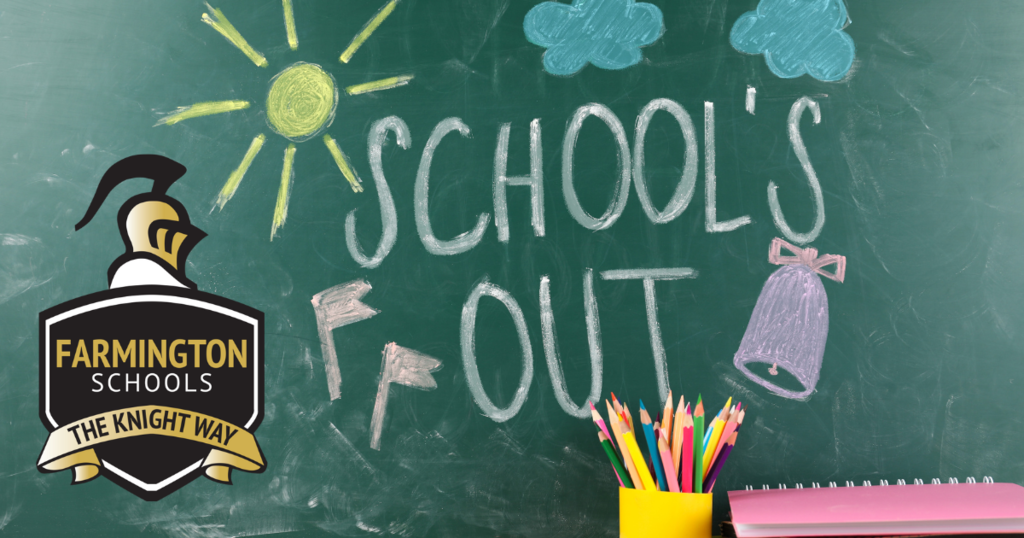 knights logo, chalkboard with words school's out