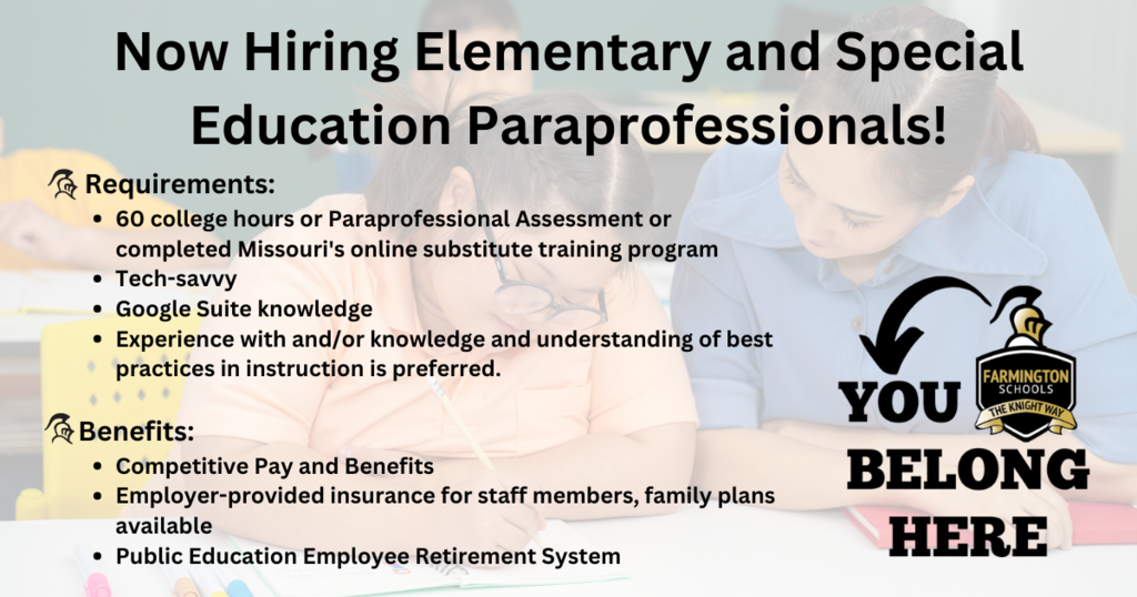 Now hiring elementary and special education paraprofessionals
