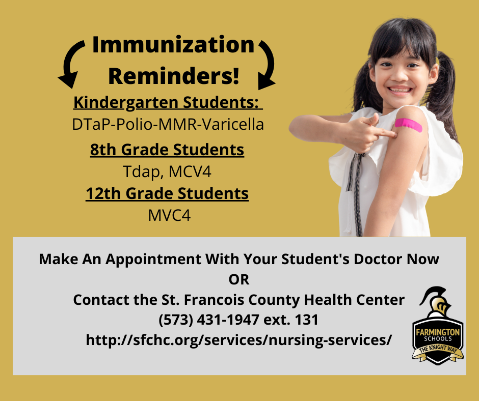 Student with bandaid on arm; immunization reminder